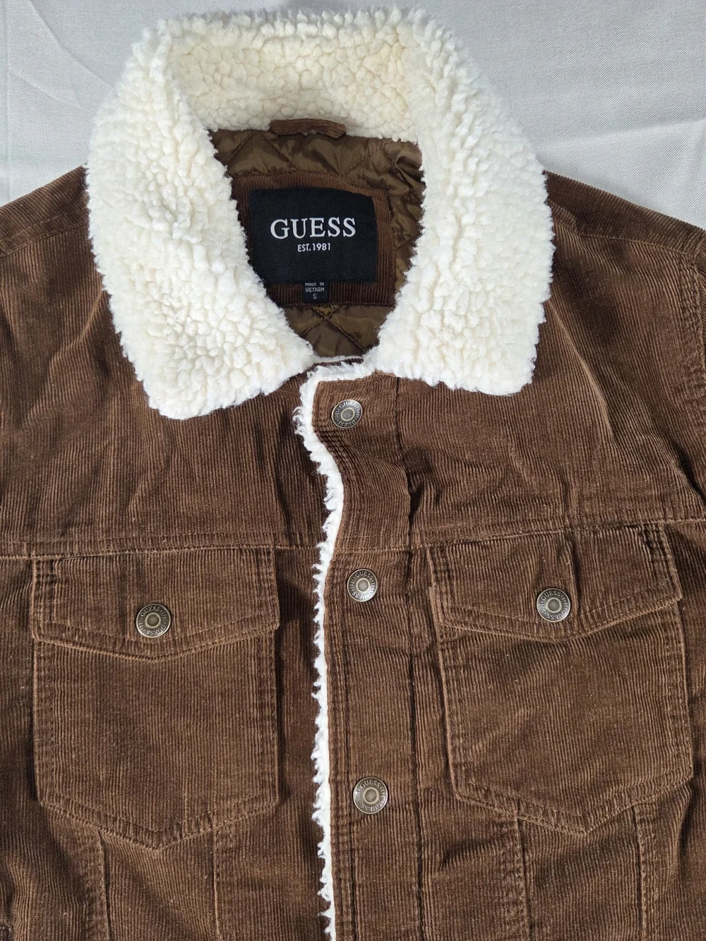 Guess Sherpa Lined Corduroy Trucker Jacket Brown Men's Small